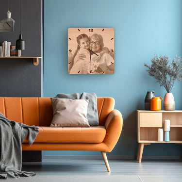 Drewniany zegar ścienny - niestandardowe zdjęcia, kwadrat 50 cm